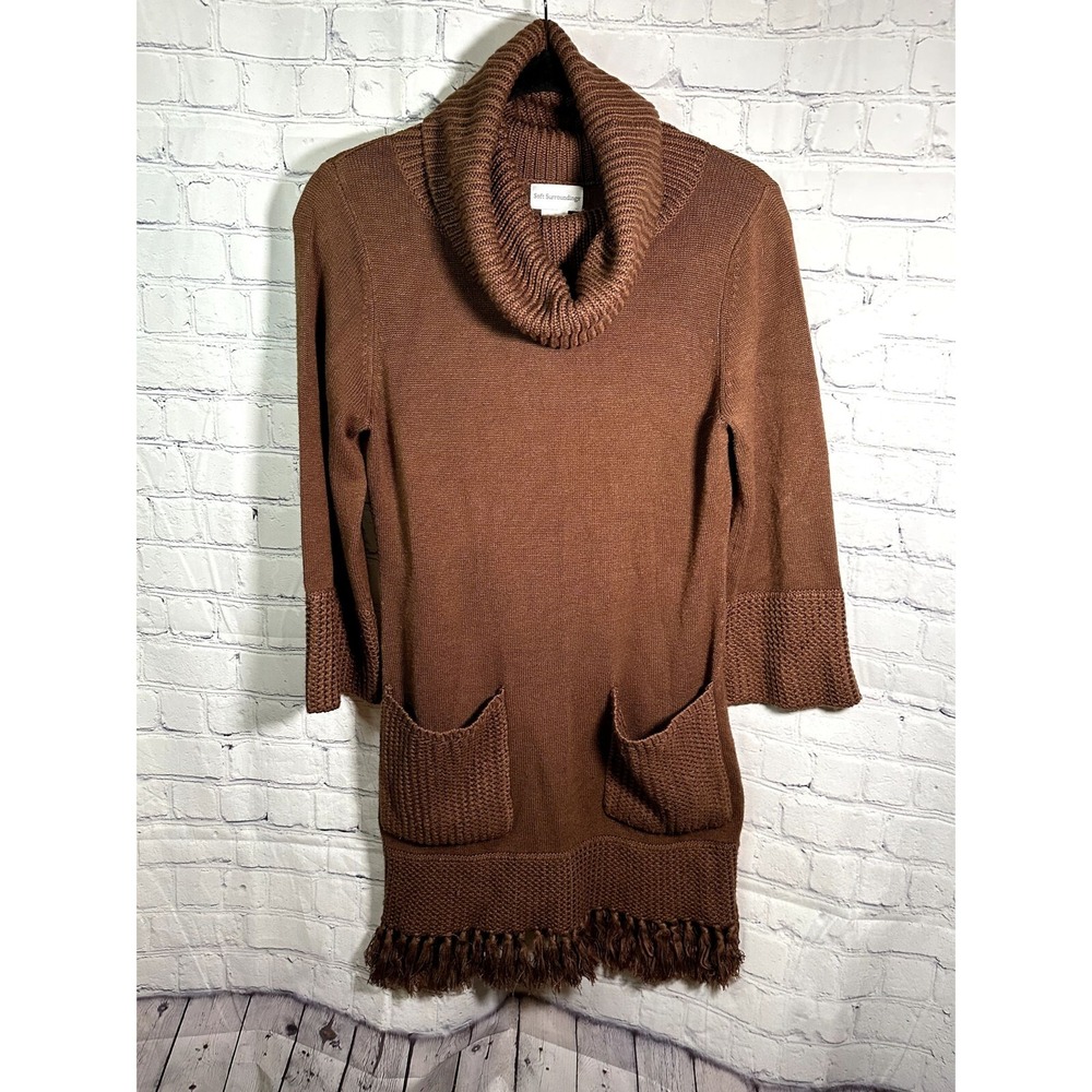 Soft‎ Surroundings Brown Cowl Neck Fringe Tunic Sweater Womens XS Pockets Boho